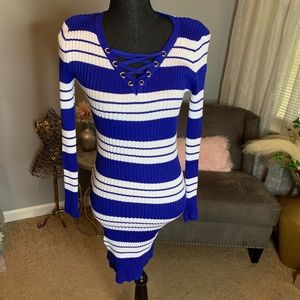 Blue Striped Mini Dress with Criss  Cross Detail in the Front.